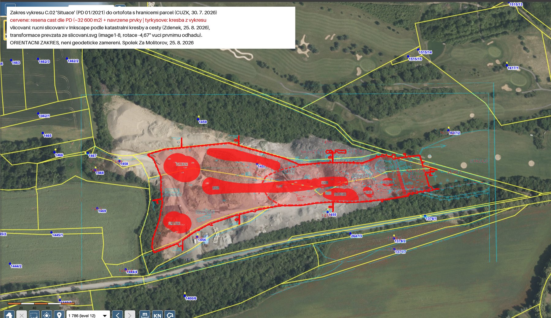 Zákres výkresu C.02 do ortofota s hranicemi parcel