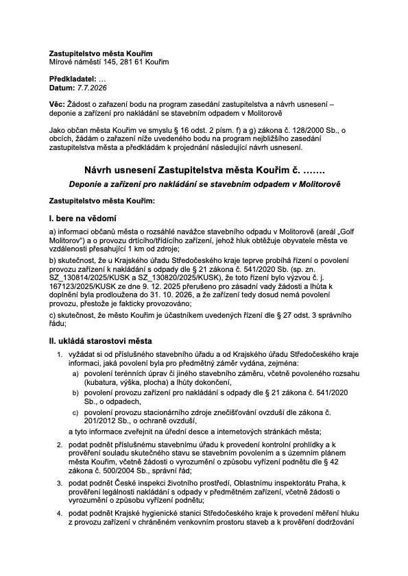 Návrh usnesení deponie Kouřim 1. strana