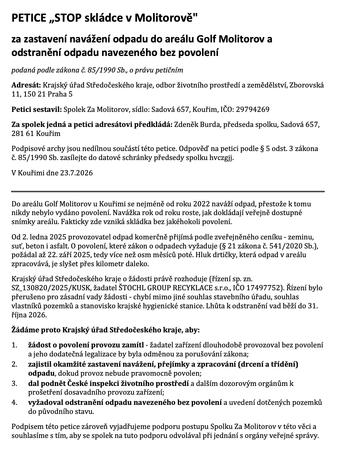 Petice "STOP skládce v Molitorově"